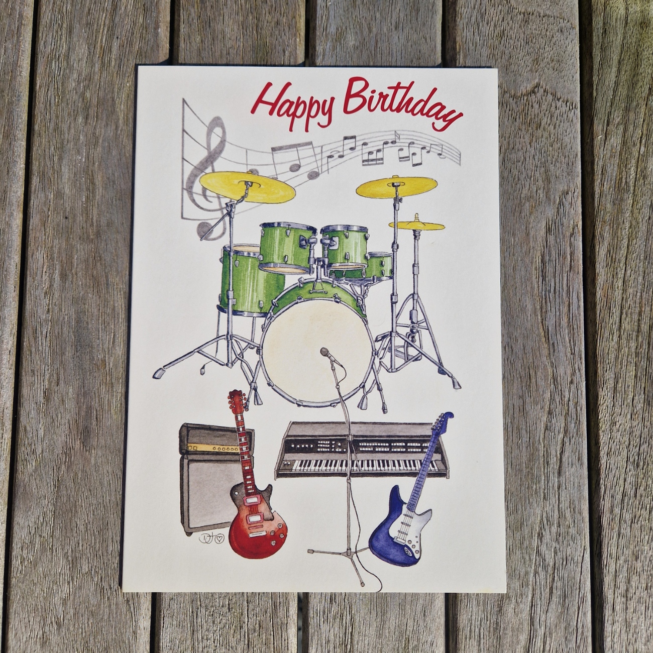 Music Greetings Card Drums, Guitars and Keyboard.